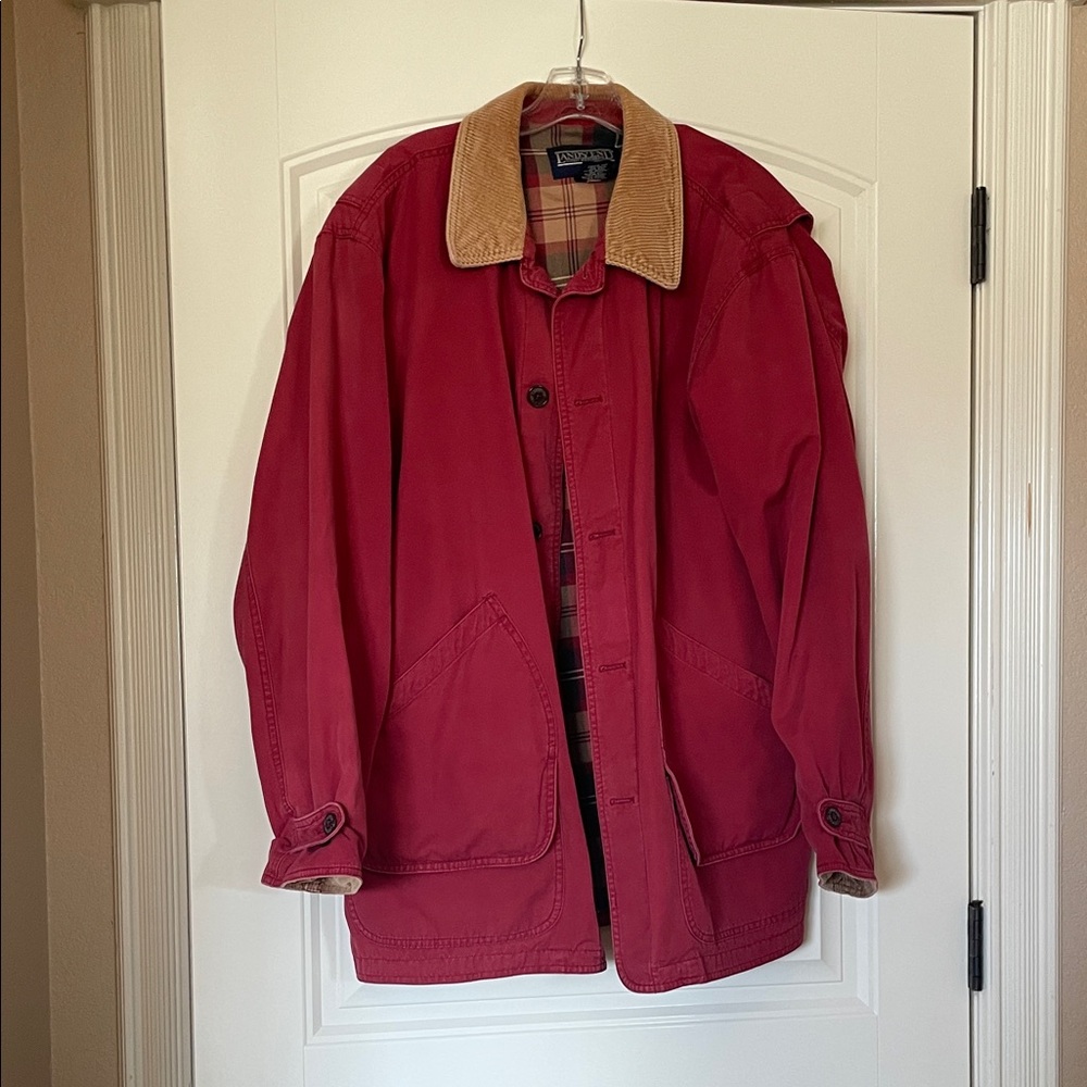 Lands End Men's Vibrant Red Jacket with Contrasting Tan Collar